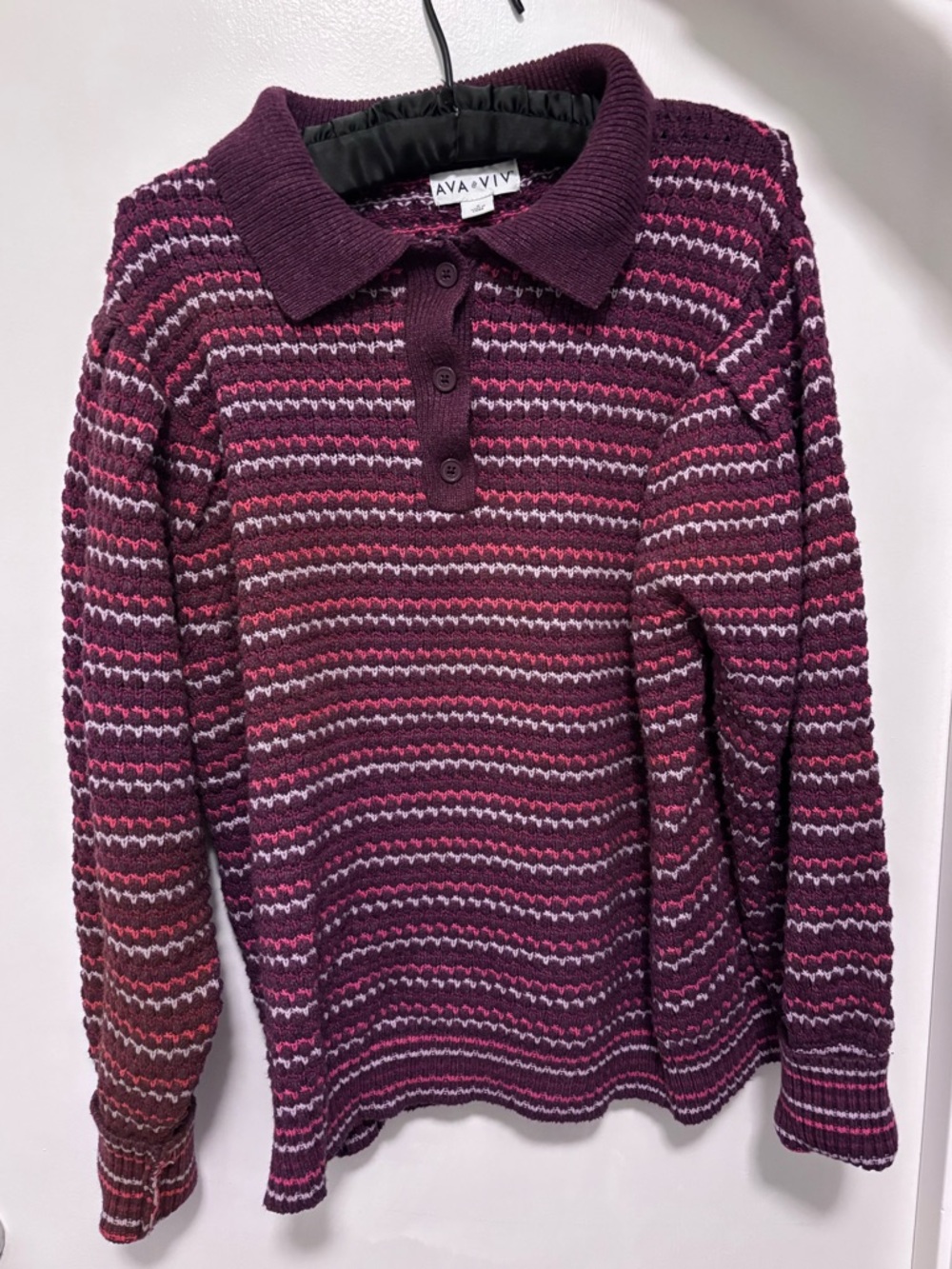 Ava & Viv Red Pink Striped Chunky Knit Polo Sweater, Button-Up Collar Cotton